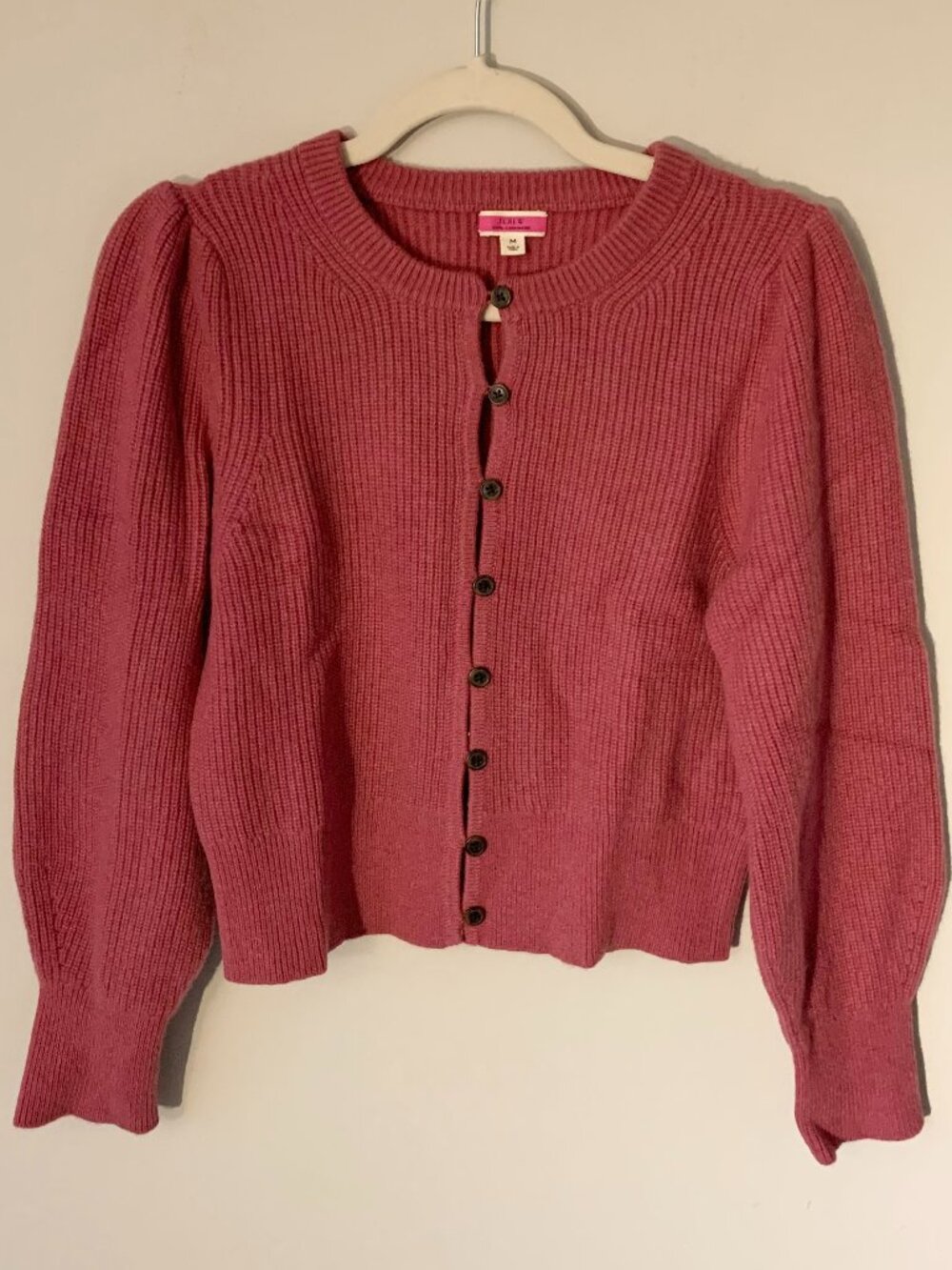 JCrew Cashmere puff-sleeve cardigan sweater